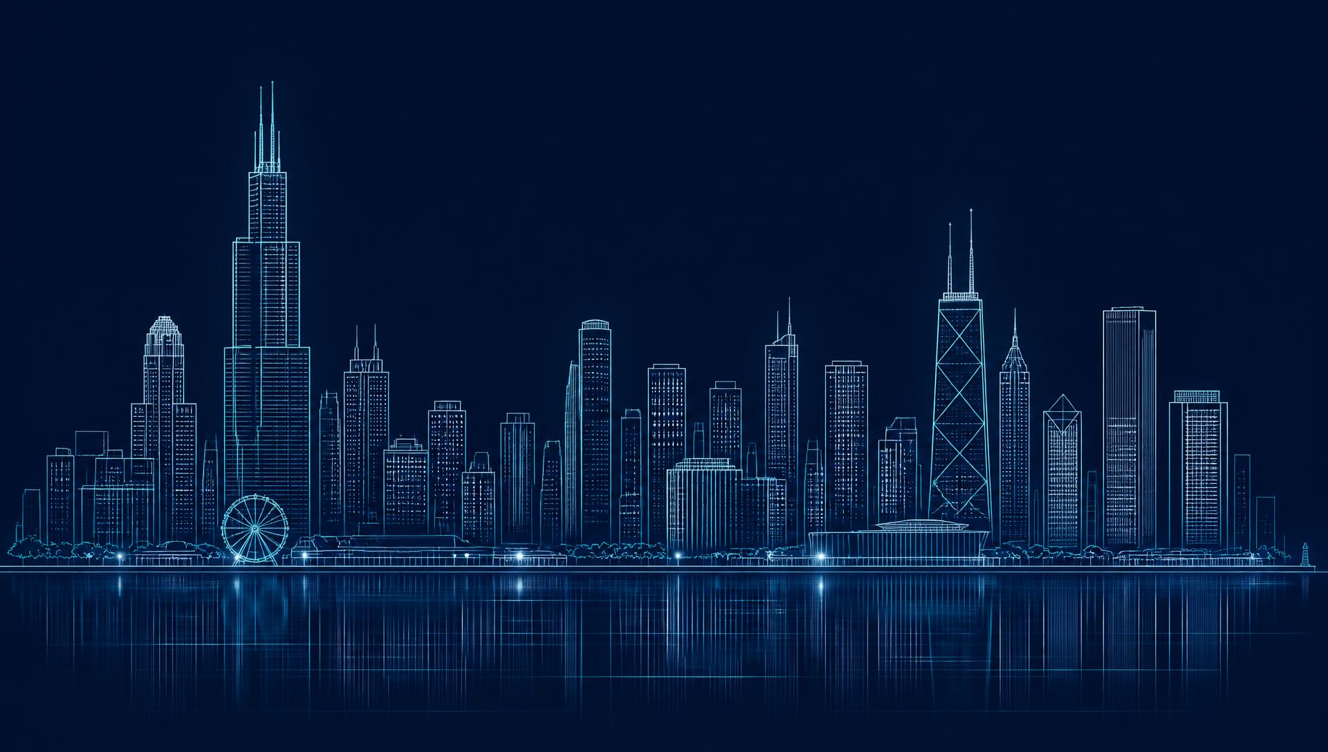 Line-art illustration of the Chicago skyline at dusk